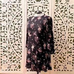 NWT Loft - Black & Floral Chiffon Dress, Long Sleeve